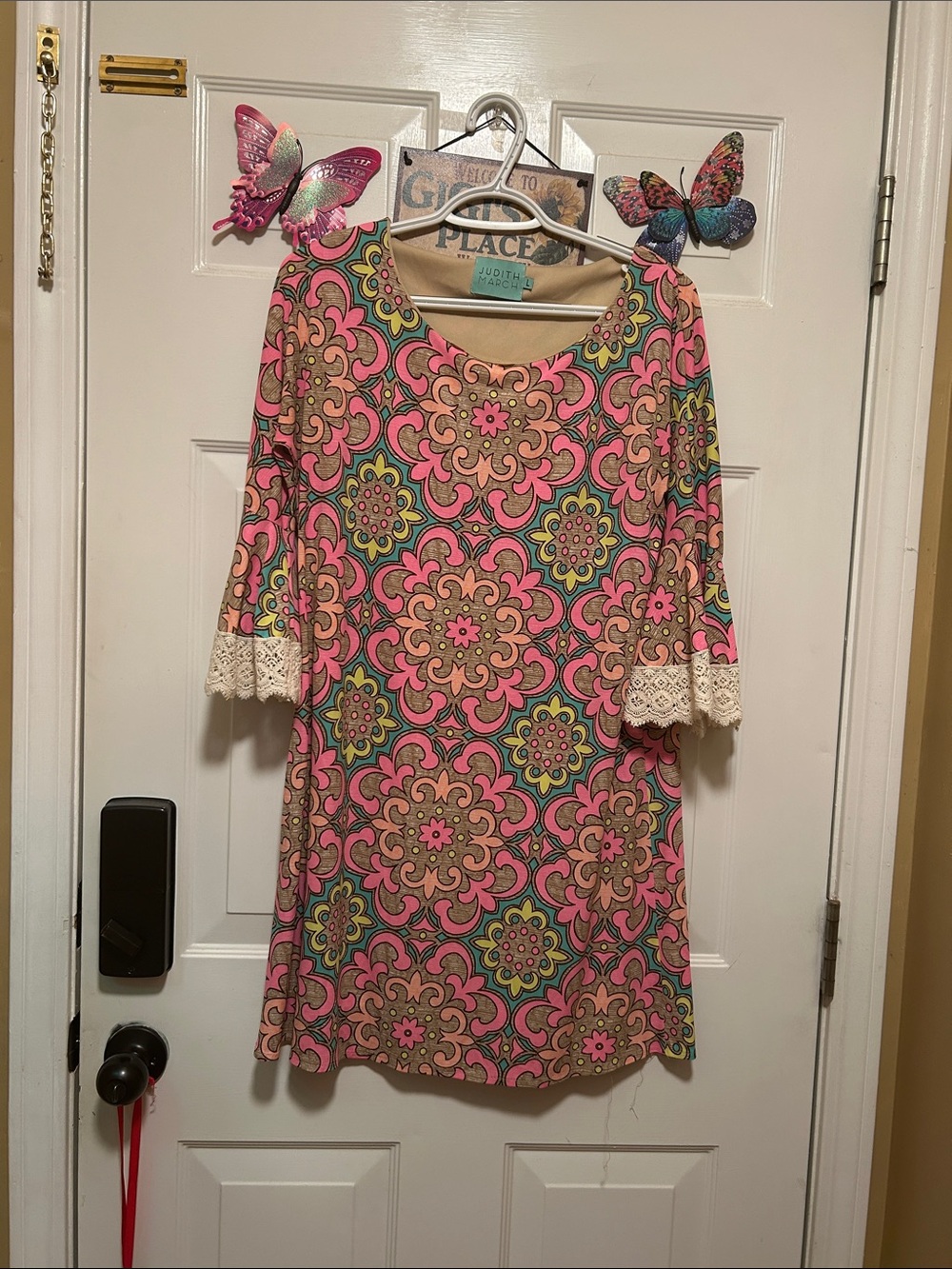 👗Judith March Retro Pink & Tan Floral Dress 👗 Crochet-Trim, Bell Sleeves ⏰